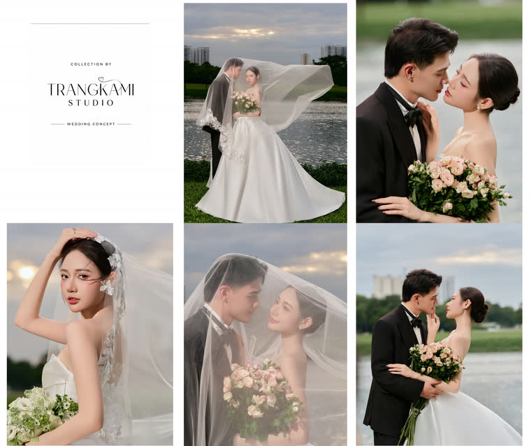 Concept ảnh cưới Hoàng hôn ven hồ — Ngoại cảnh mặt nước, voan bay trong nắng chiều — Trang Kami Studio