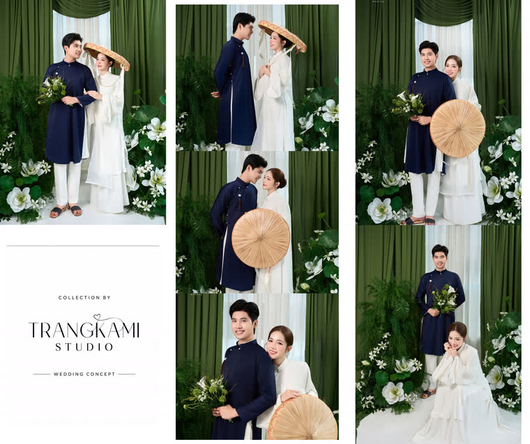 Concept ảnh cưới Áo dài nón lá — Áo dài xanh than – trắng, phông xanh rêu — Trang Kami Studio