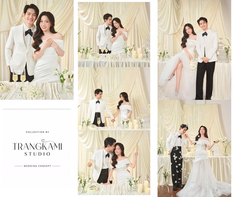 Concept ảnh cưới Rèm kem & ánh nến — Vest trắng, bàn tiệc, nến và rèm lụa — Trang Kami Studio