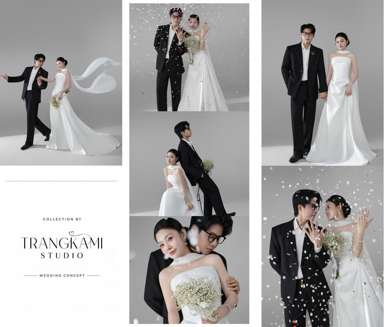 Concept ảnh cưới Pháo giấy & hoa baby — Nền xám bạc, confetti bay, bó baby trắng — Trang Kami Studio