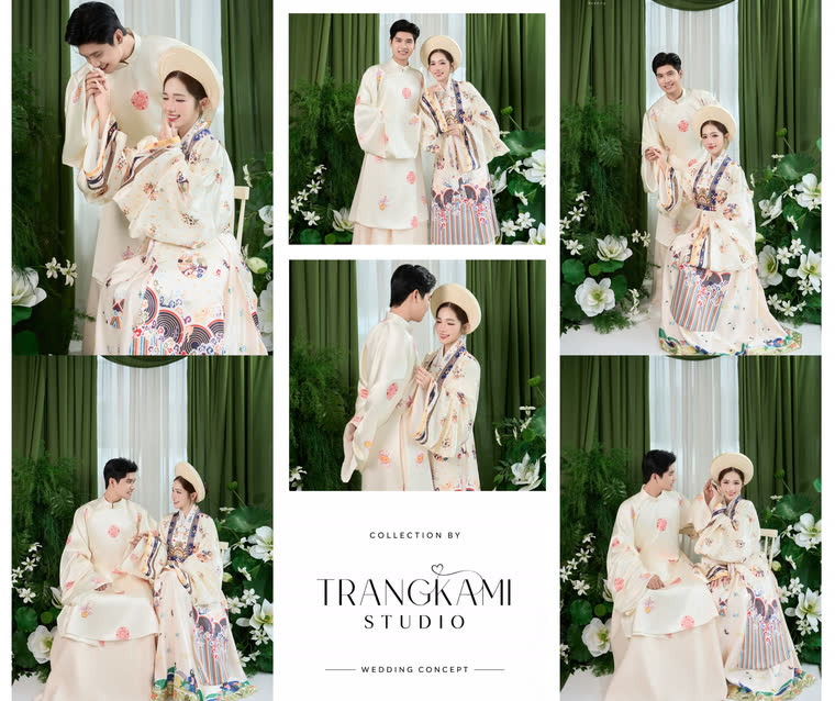 Concept ảnh cưới Cổ phục hoa văn — Cổ phục kem hoa văn, rèm nhung xanh rêu — Trang Kami Studio