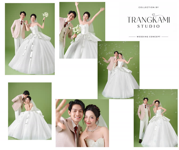 Concept ảnh cưới Phông olive tươi trẻ — Nền xanh olive, vest be, váy bồng — Trang Kami Studio