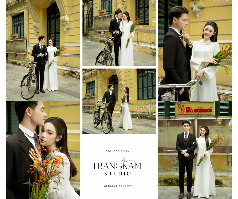 Concept ảnh cưới Phố cổ Hà Nội — Nhà vàng, xe đạp cũ, áo dài và hoa loa kèn — Trang Kami Studio