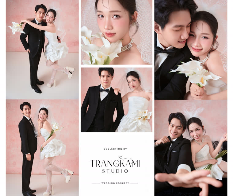Concept ảnh cưới Hồng phấn hoa loa kèn — Phông hồng phấn, loa kèn trắng, váy ngắn — Trang Kami Studio