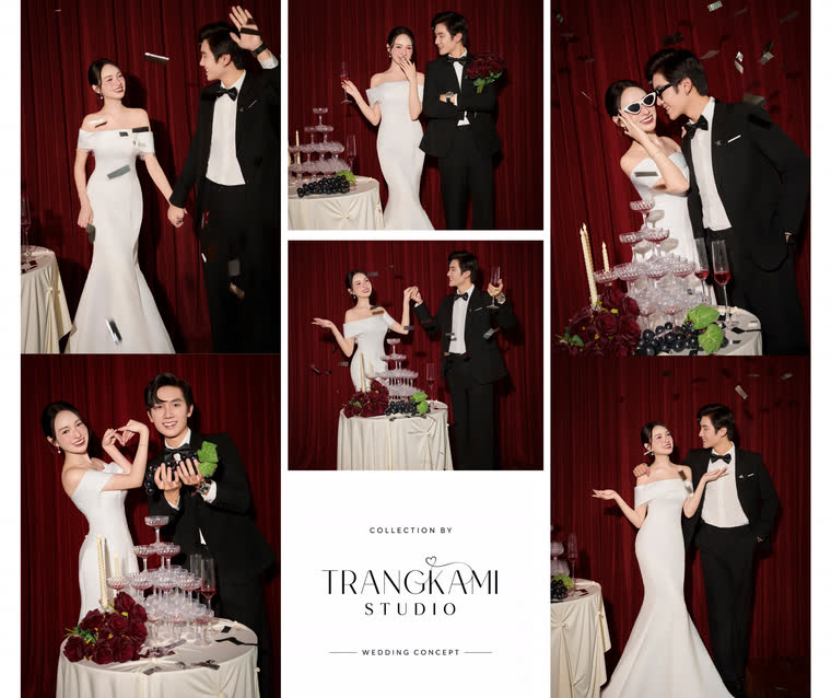 Concept ảnh cưới Nhung đỏ & tháp ly — Rèm nhung đỏ, tháp ly champagne, dạ tiệc tối — Trang Kami Studio