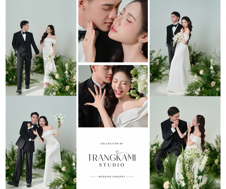 Concept ảnh cưới Xanh bạc hà — Nền xanh bạc hà, hoa lá trắng mảnh — Trang Kami Studio