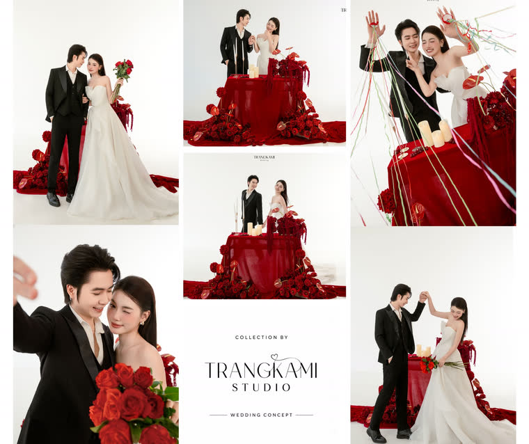 Concept ảnh cưới Hồng nhung đỏ — Hoa hồng đỏ và lụa đỏ trên nền trắng — Trang Kami Studio