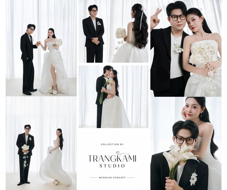 Concept ảnh cưới Rèm voan trắng — Rèm voan bay, váy xẻ, hoa lily hiện đại — Trang Kami Studio