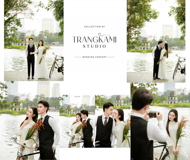 Concept ảnh cưới Hồ Gươm & xe đạp — Áo dài trắng bên hồ, xe đạp và hoa cúc — Trang Kami Studio