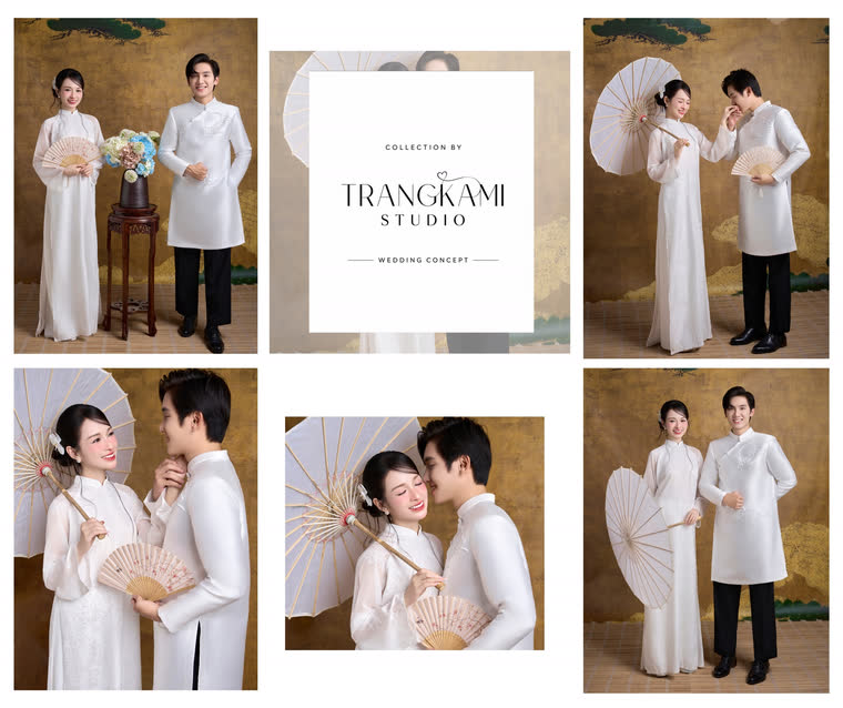 Concept ảnh cưới Áo dài trắng thủy mặc — Áo dài trắng, quạt và dù giấy, tranh thủy mặc — Trang Kami Studio