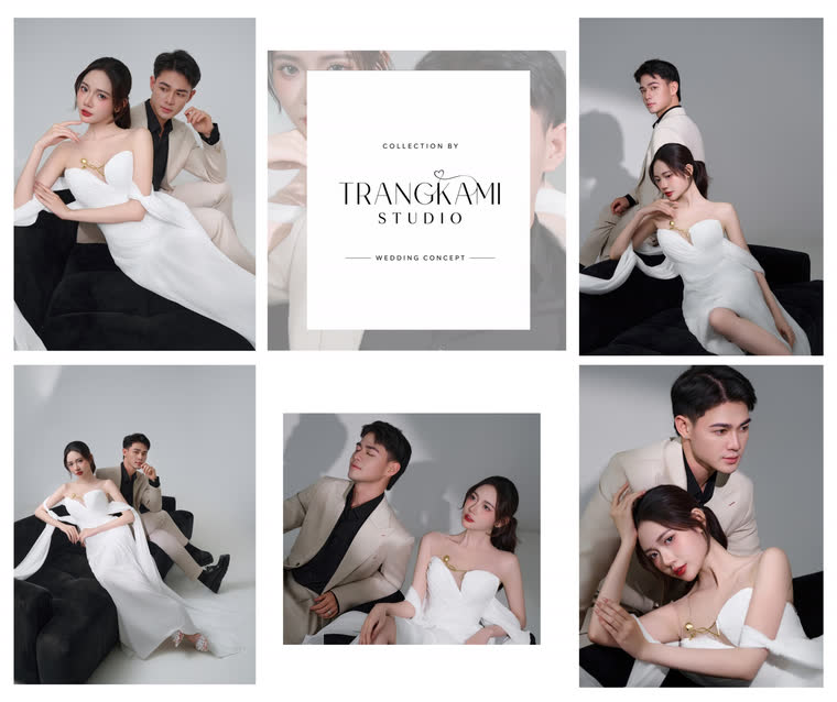 Concept ảnh cưới Xám tối giản — Phông xám, váy cúp ngực, vest be tối giản — Trang Kami Studio