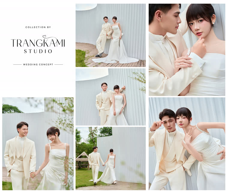 Concept ảnh cưới Kiến trúc trắng — Ngoại cảnh tường trắng, vest kem, cây xanh — Trang Kami Studio