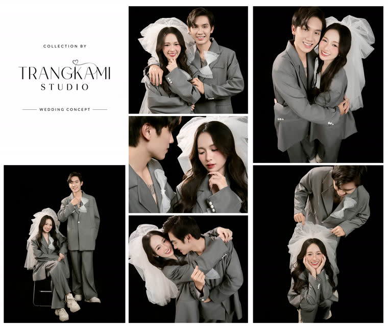 Concept ảnh cưới Vest xám oversize — Phông đen, vest xám oversize, nơ voan — Trang Kami Studio