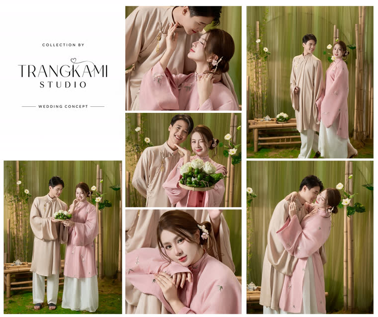Concept ảnh cưới Áo dài hồng rừng tre — Áo dài hồng pastel, phông tre xanh — Trang Kami Studio
