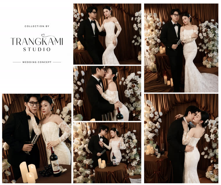 Concept ảnh cưới Nâu socola & nến — Tông nâu socola, hoa trắng, nến và rượu vang — Trang Kami Studio