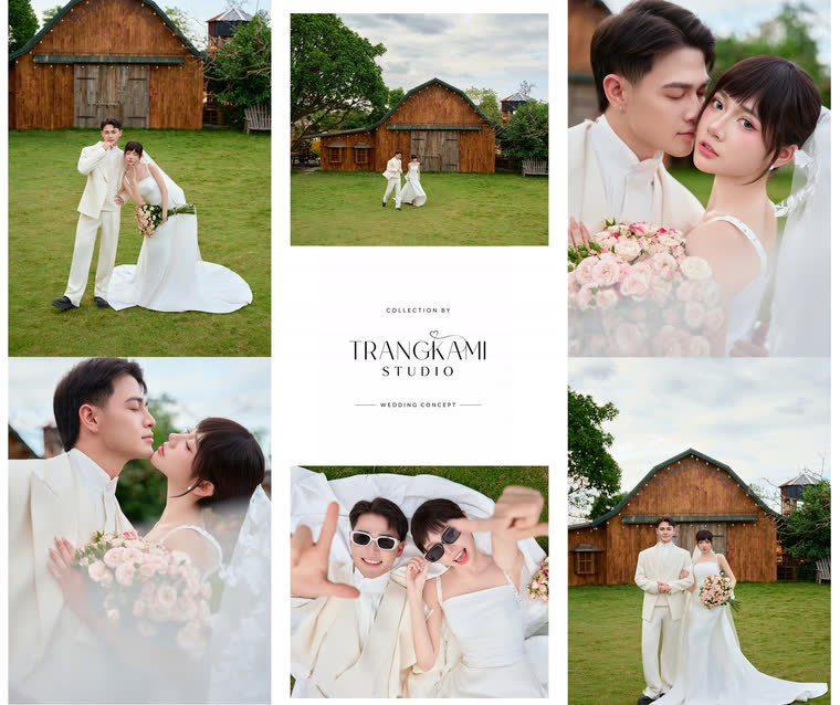 Concept ảnh cưới Nhà gỗ đồng quê — Nhà gỗ, bãi cỏ xanh, hoa hồng phấn — Trang Kami Studio