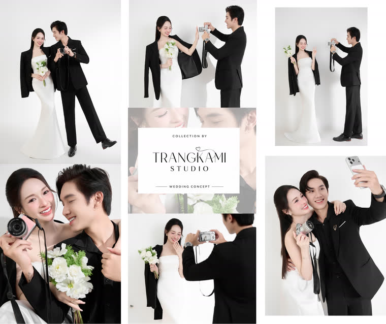 Concept ảnh cưới Khoảnh khắc máy ảnh — Studio trắng, hai người và chiếc máy ảnh — Trang Kami Studio