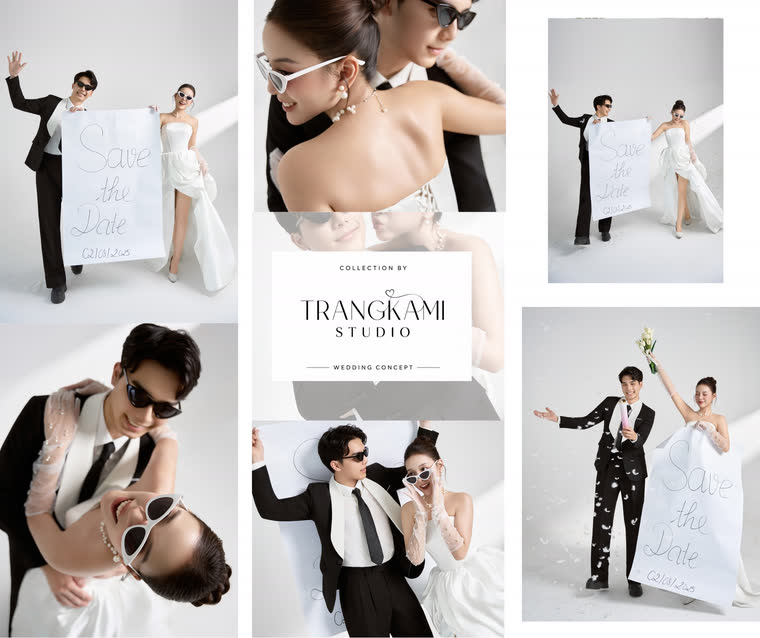 Concept ảnh cưới Save the date kính râm — Nền trắng, kính râm trắng, bảng Save the date — Trang Kami Studio