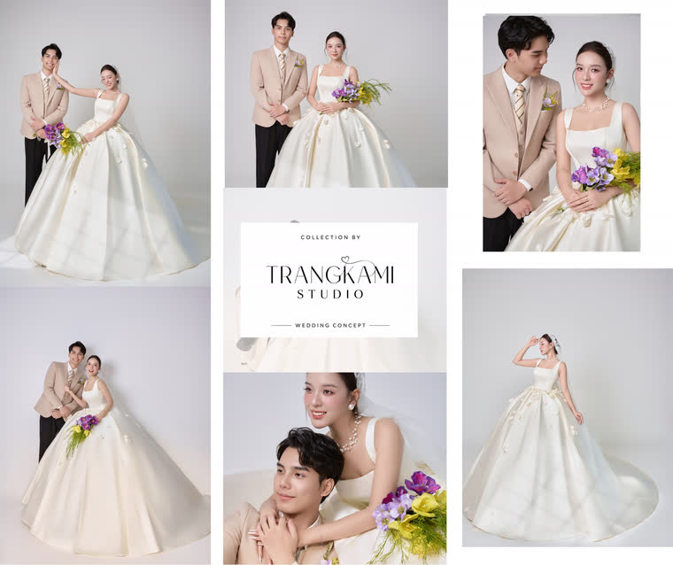 Concept ảnh cưới Be pastel hoa tím — Nền be, hoa tím – vàng, vest hồng nhạt — Trang Kami Studio