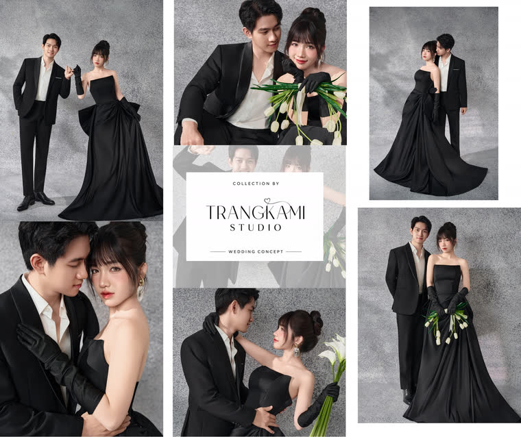 Concept ảnh cưới Váy đen dạ hội — Váy đen đuôi cá, găng tay dài, nền xám khói — Trang Kami Studio