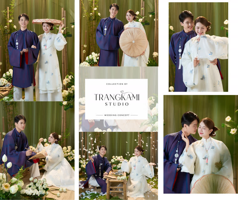 Concept ảnh cưới Cổ phục xanh dù giấy — Cổ phục xanh than – trắng, dù giấy, phông tre — Trang Kami Studio