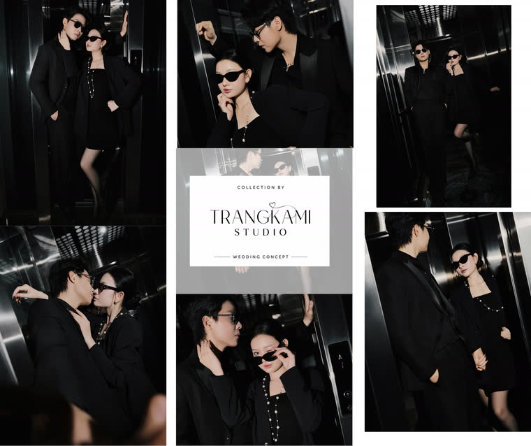 Concept ảnh cưới Thang máy gương — Thang máy gương, tông đen, kính râm — Trang Kami Studio