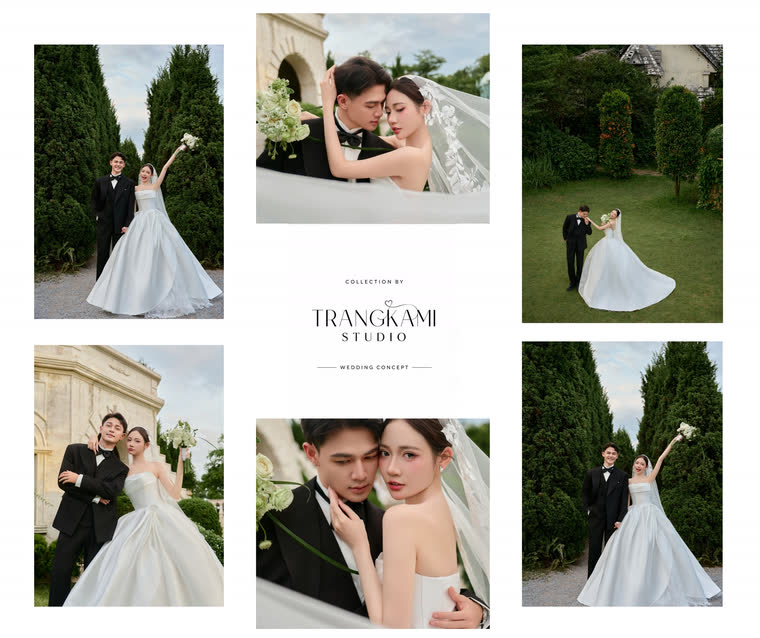 Concept ảnh cưới Vườn tùng châu Âu — Hàng tùng cắt tỉa, váy bồng, cỏ xanh — Trang Kami Studio