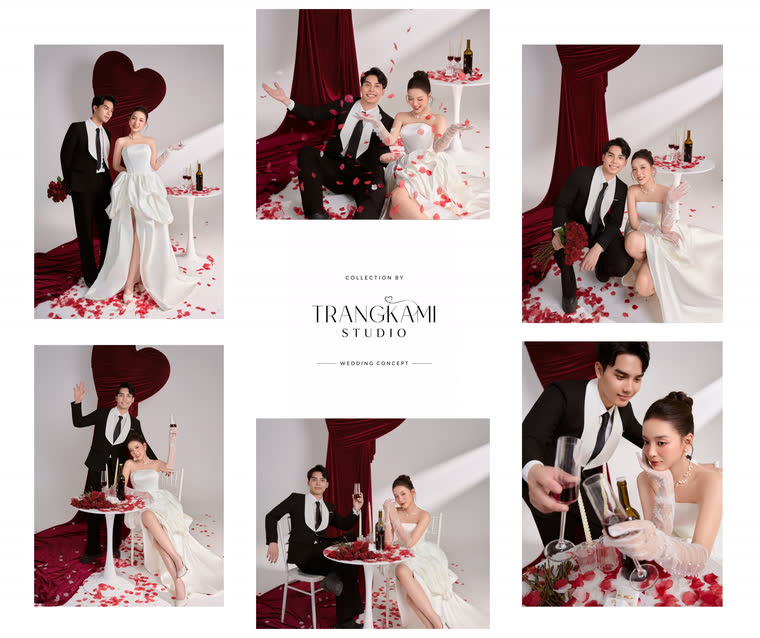 Concept ảnh cưới Valentine đỏ — Trái tim đỏ, cánh hồng, bàn tròn đôi — Trang Kami Studio