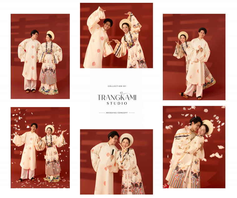 Concept ảnh cưới Cổ phục kem nón lá — Cổ phục kem hoa văn, nón lá, hoa rơi — Trang Kami Studio
