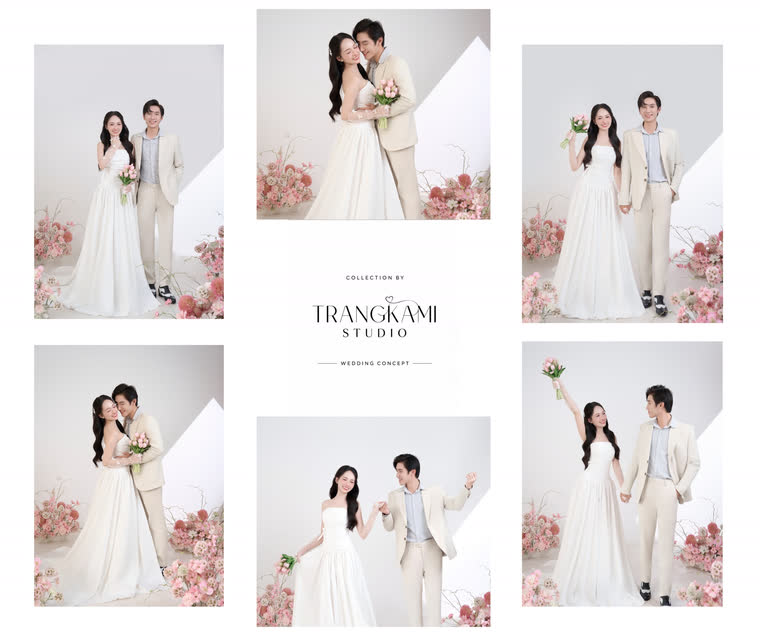 Concept ảnh cưới Kem pastel hoa hồng — Nền kem, hoa hồng phấn, vest xám nhạt — Trang Kami Studio
