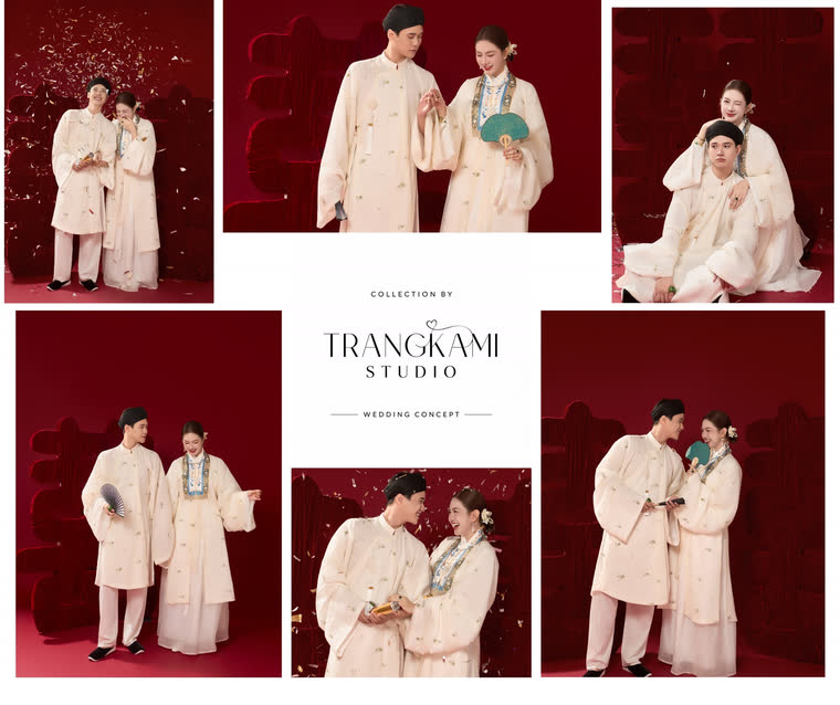 Concept ảnh cưới Cổ phục kem tường đỏ — Cổ phục kem, quạt, tường đỏ hoa văn — Trang Kami Studio