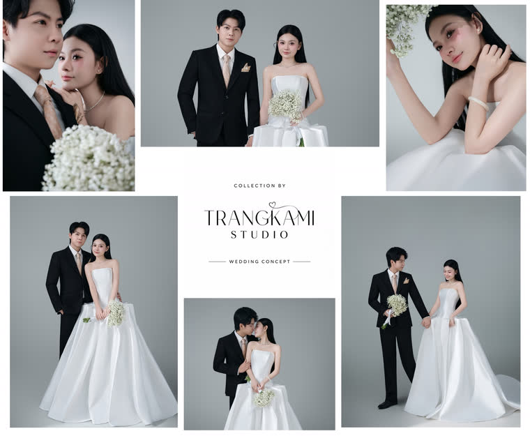Concept ảnh cưới Xám xanh hoa baby — Nền xám xanh, bó baby trắng, váy trơn — Trang Kami Studio